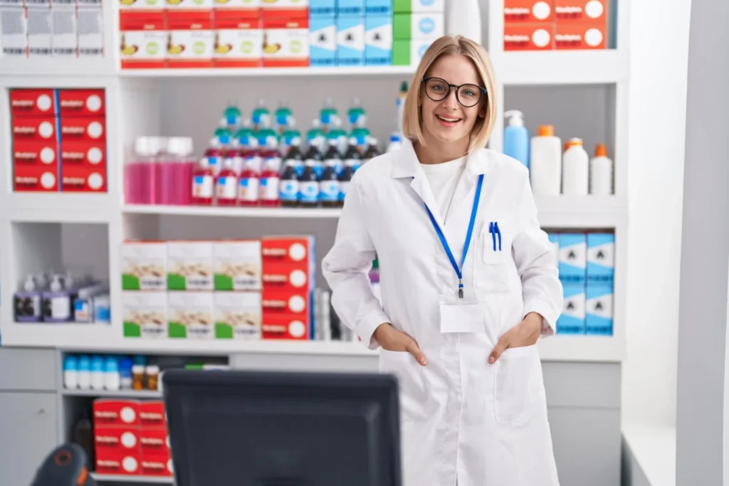 A pharmacist in a white lab coat with glasses and a blue lanyard stands in front of shelves of medical products at Yatton Pharmacy, Yatton, Bristol.