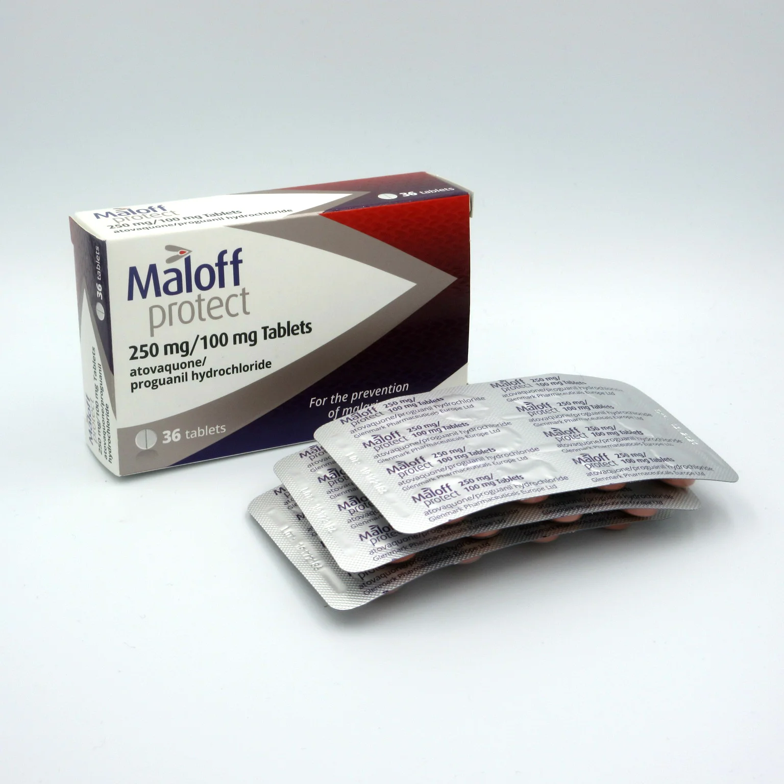Box and blister packs of Maloff Protect anti-malarial tablets.