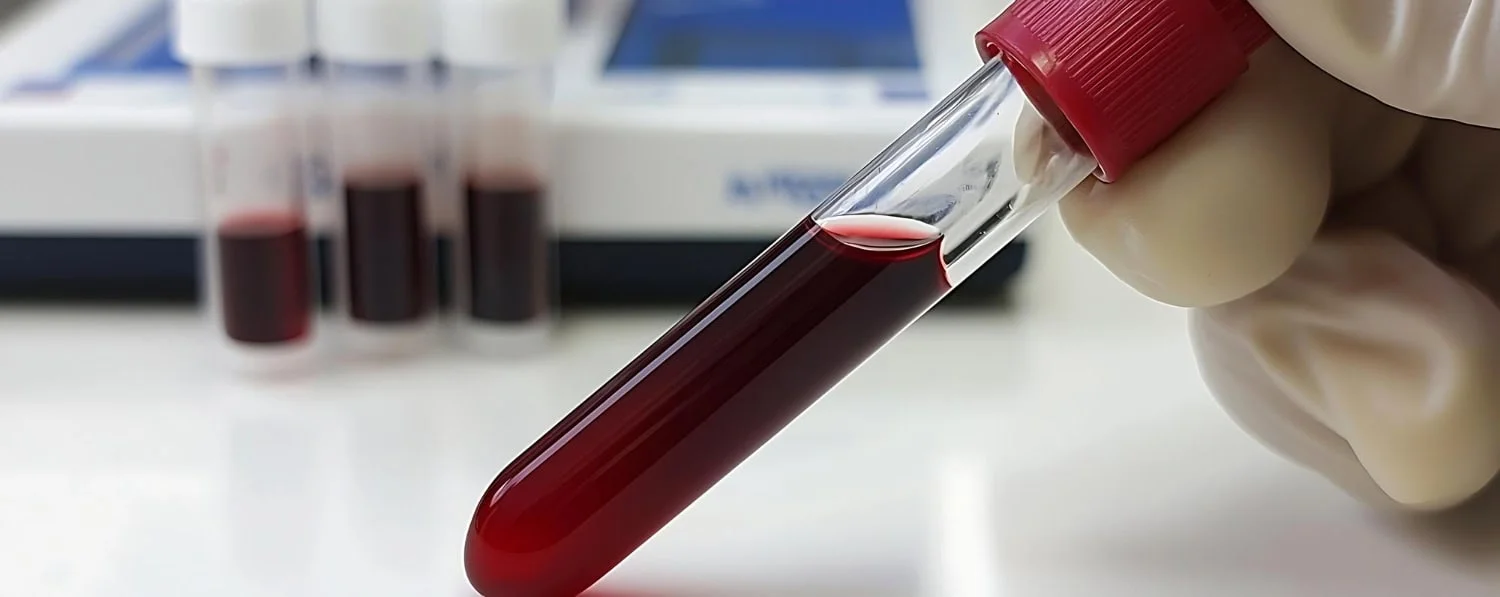 Gloved hand holding blood sample test tube at Yatton Pharmacy in Yatton, Bristol