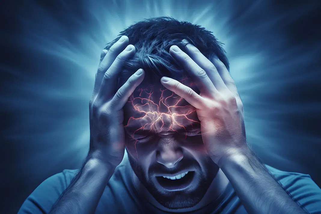 Person clutching head with glowing lightning patterns on forehead, symbolizing intense mental strain.