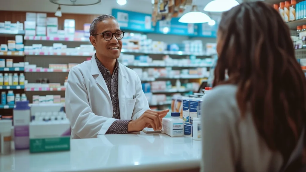 A pharmacist in a white lab coat discusses medication with a customer at Yatton Pharmacy, Yatton, Bristol.