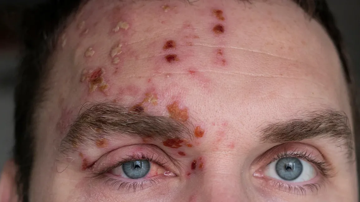 Close-up of forehead with red scabbed skin lesions
