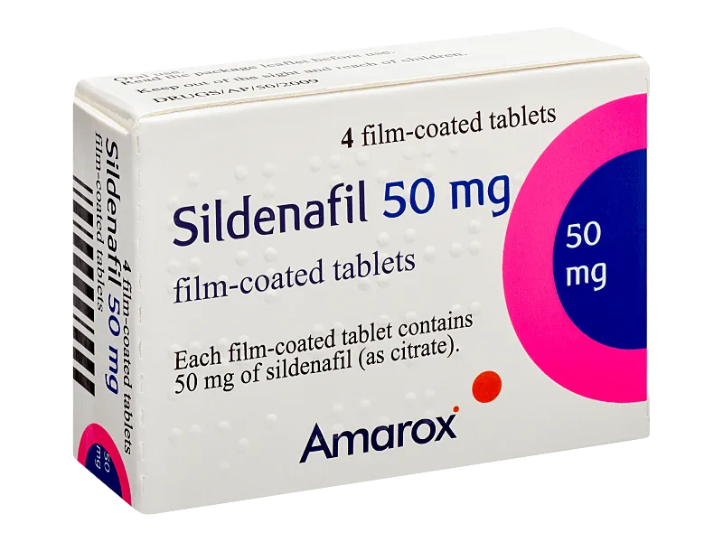 Box of Sildenafil 50 mg tablets by Amarox at Yatton Pharmacy in Yatton, Bristol